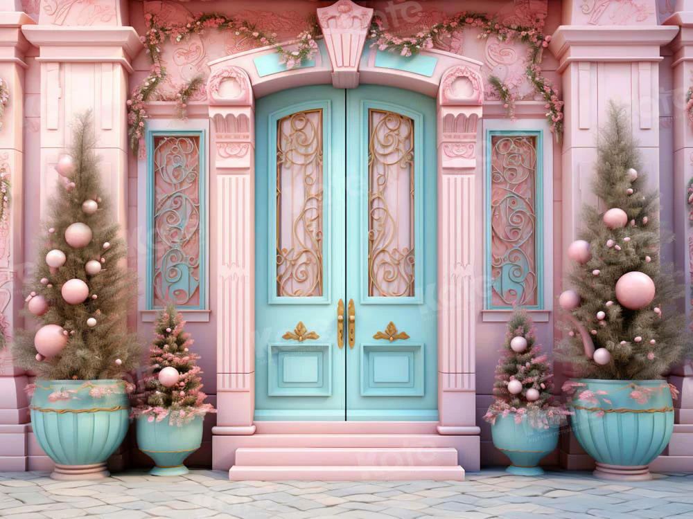 Kate Christmas Pink House Blue Door Backdrop Designed by Emetselch - Image 5