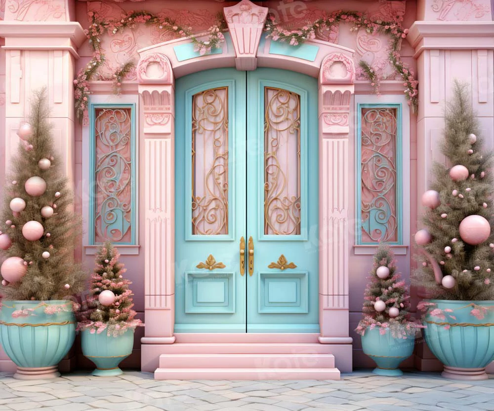 Kate Christmas Pink House Blue Door Backdrop Designed by Emetselch - Image 6