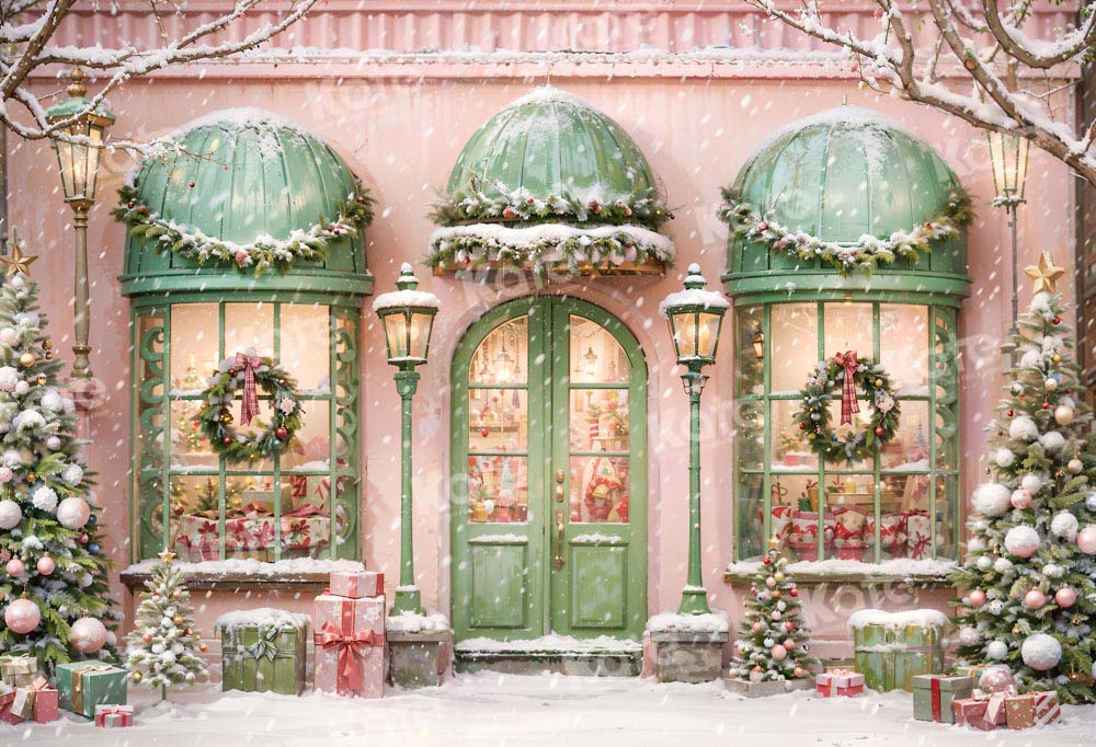 Kate Christmas Pink House Snowy Street Backdrop Designed by Chain Photography - Image 2
