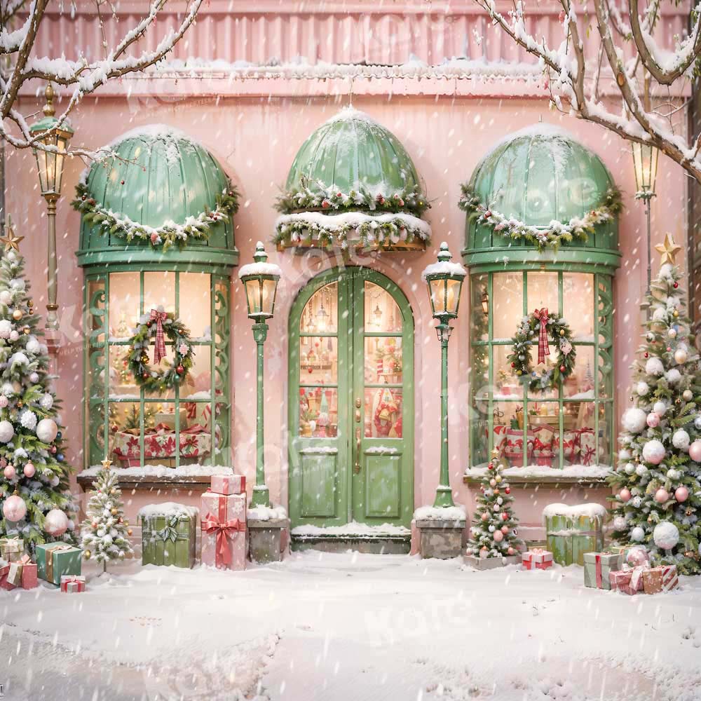 Kate Christmas Pink House Snowy Street Backdrop Designed by Chain Photography - Image 3