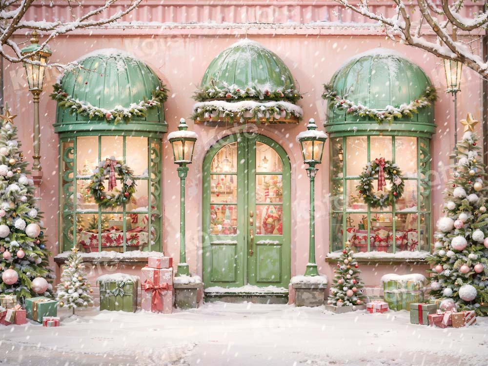 Kate Christmas Pink House Snowy Street Backdrop Designed by Chain Photography - Image 4