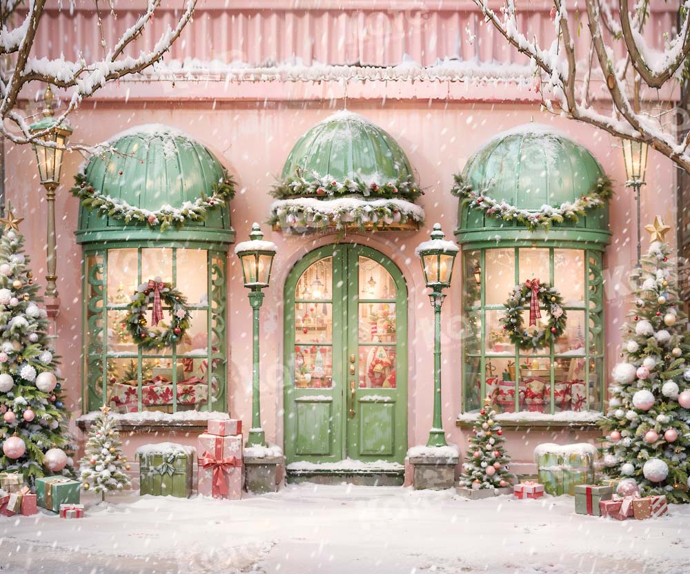 Kate Christmas Pink House Snowy Street Backdrop Designed by Chain Photography - Image 5
