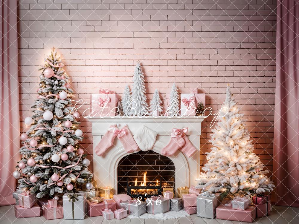 Kate Christmas Pink Room Fireplace Backdrop for Photography - Image 3