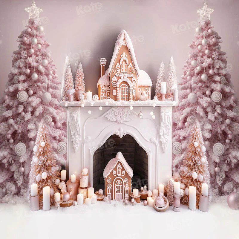 Kate Christmas Pink Tree Fireplace Gingerbread House Backdrop for Photography - Image 2