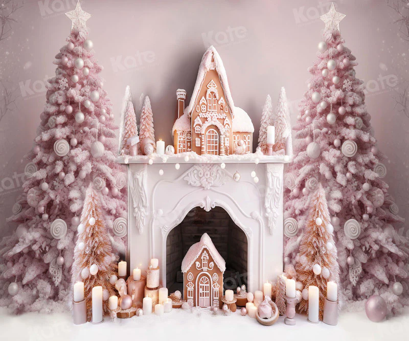 Kate Christmas Pink Tree Fireplace Gingerbread House Backdrop for Photography - Image 3