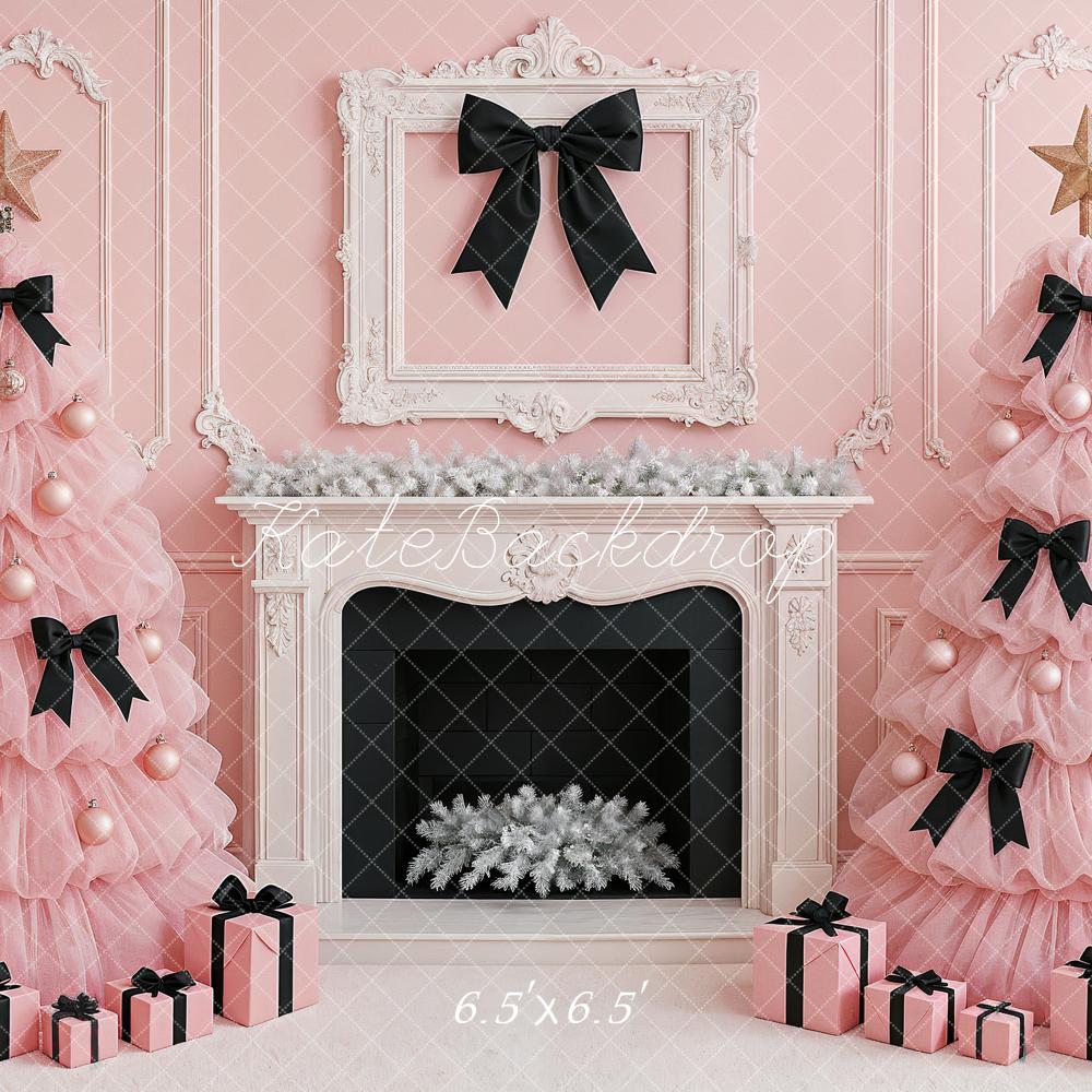 Kate Christmas Pink Trees Black Bows Fireplace Backdrop Designed by Ashley Paul - Image 2