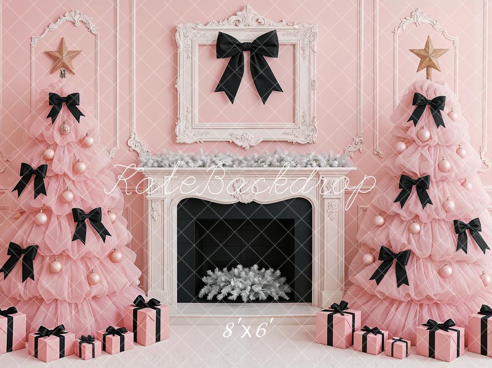 Kate Christmas Pink Trees Black Bows Fireplace Backdrop Designed by Ashley Paul - Image 3