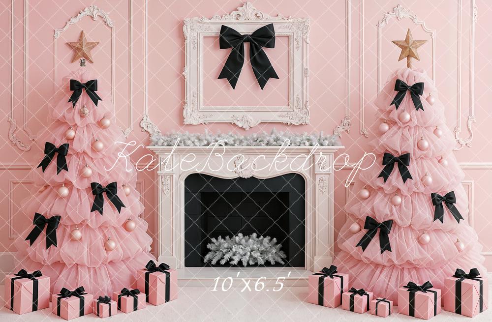 Kate Christmas Pink Trees Black Bows Fireplace Backdrop Designed by Ashley Paul - Image 4