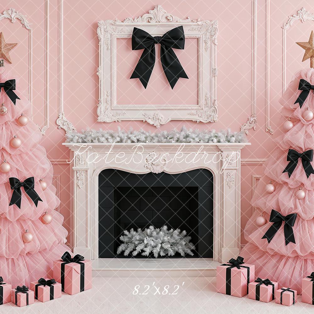 Kate Christmas Pink Trees Black Bows Fireplace Backdrop Designed by Ashley Paul - Image 5