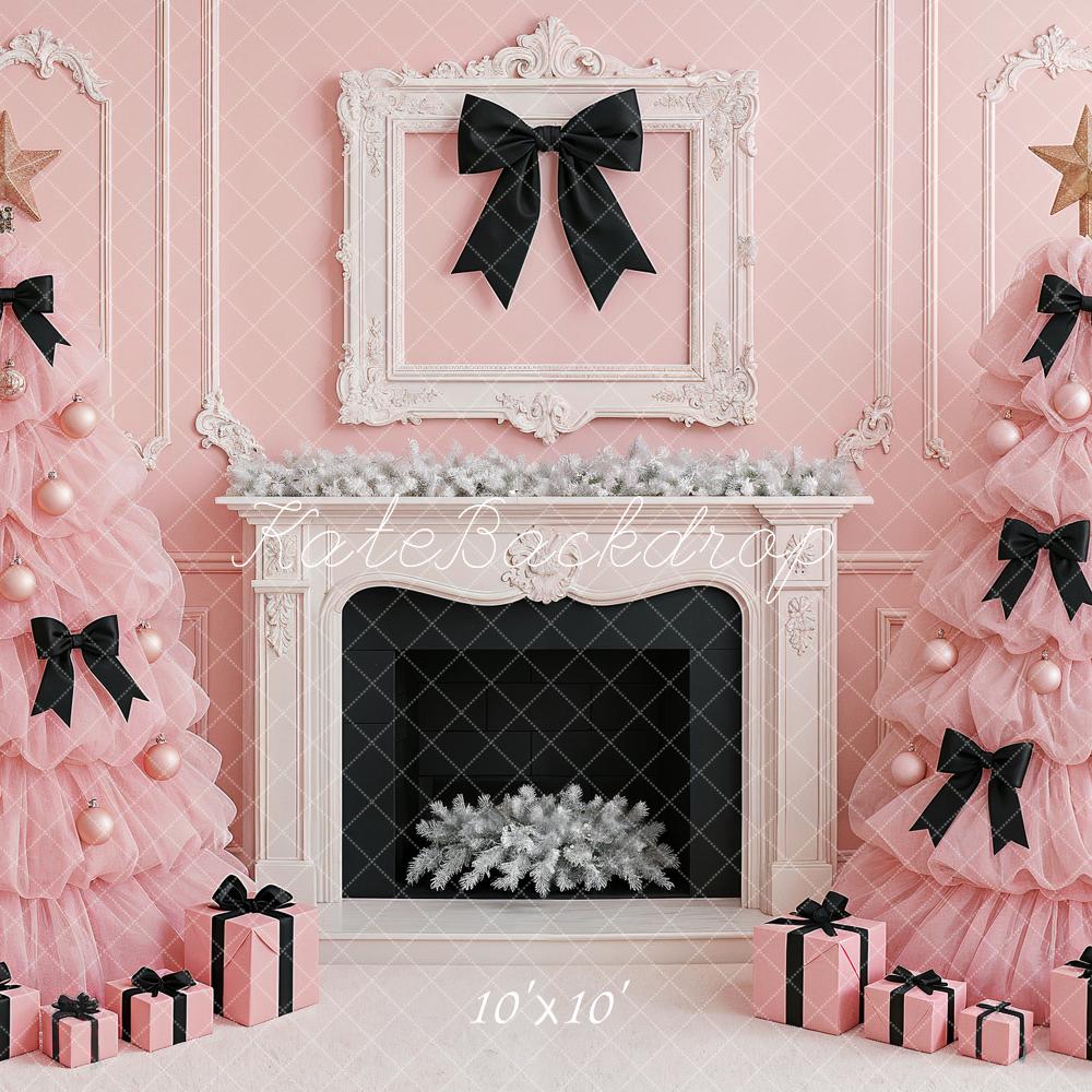 Kate Christmas Pink Trees Black Bows Fireplace Backdrop Designed by Ashley Paul - Image 7