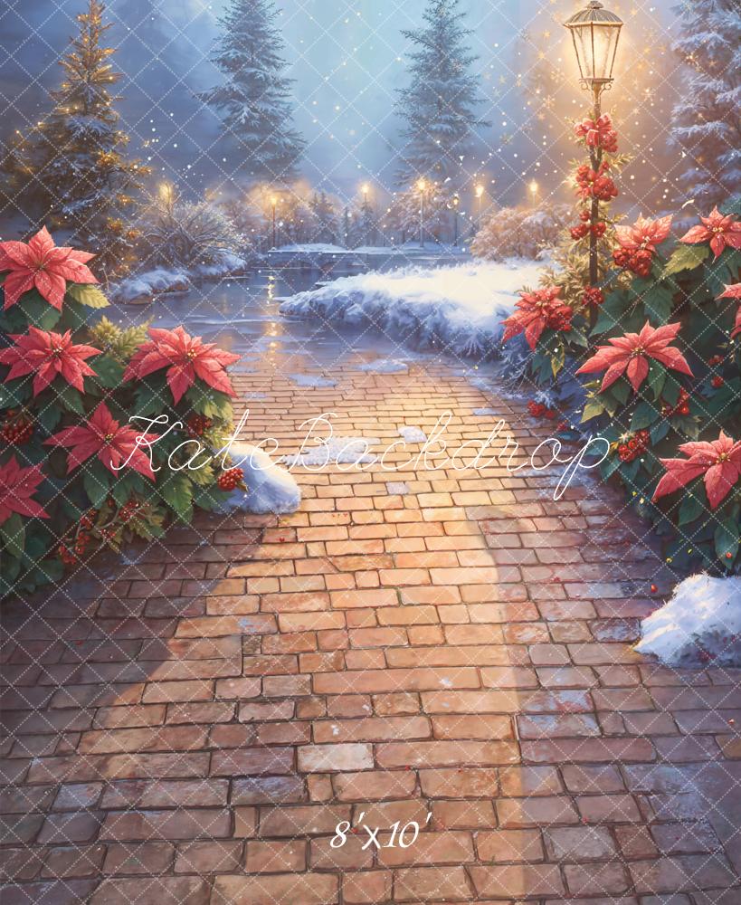 Kate Christmas Poinsettia Snowy Path Fleece Backdrop Designed by Emetselch - Image 3