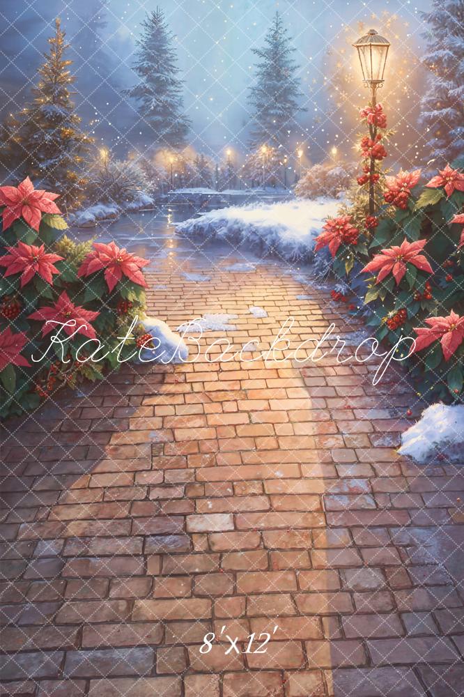 Kate Christmas Poinsettia Snowy Path Fleece Backdrop Designed by Emetselch - Image 4