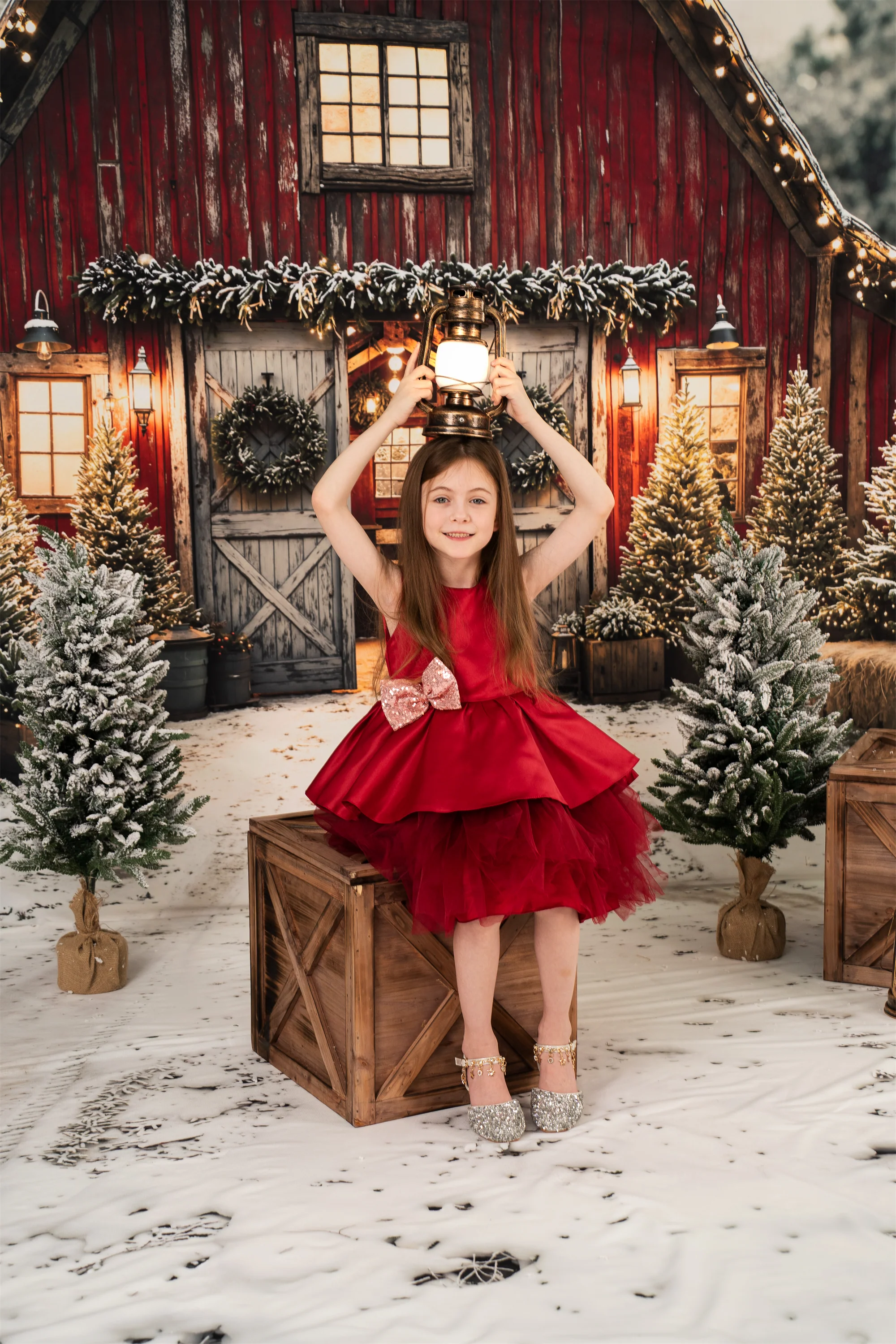 Kate Christmas Red Barn Snowy Pine Trees Backdrop Designed by Emetselch - Image 3