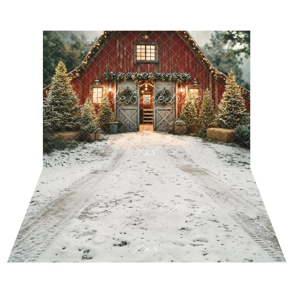 Kate Christmas Red Barn Pine Trees Backdrop+Snowy Ground Tyre Footprints Backdrop - Image 3