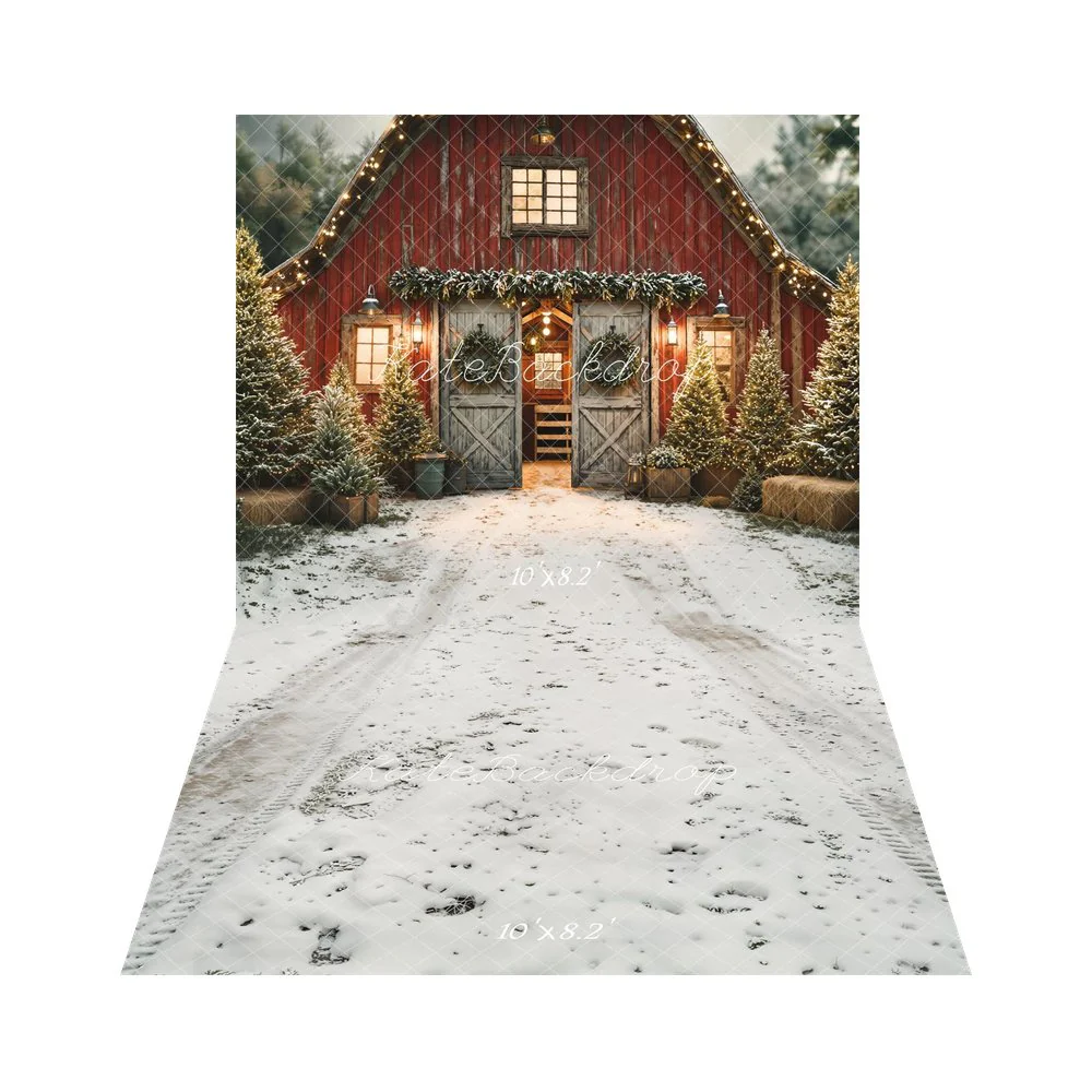 Kate Christmas Red Barn Pine Trees Backdrop+Snowy Ground Tyre Footprints Backdrop - Image 4
