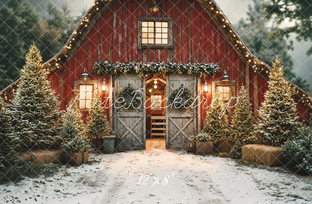 Kate Christmas Red Barn Snowy Pine Trees Backdrop Designed by Emetselch - Image 10