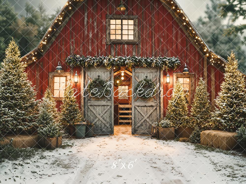 Kate Christmas Red Barn Snowy Pine Trees Backdrop Designed by Emetselch - Image 5