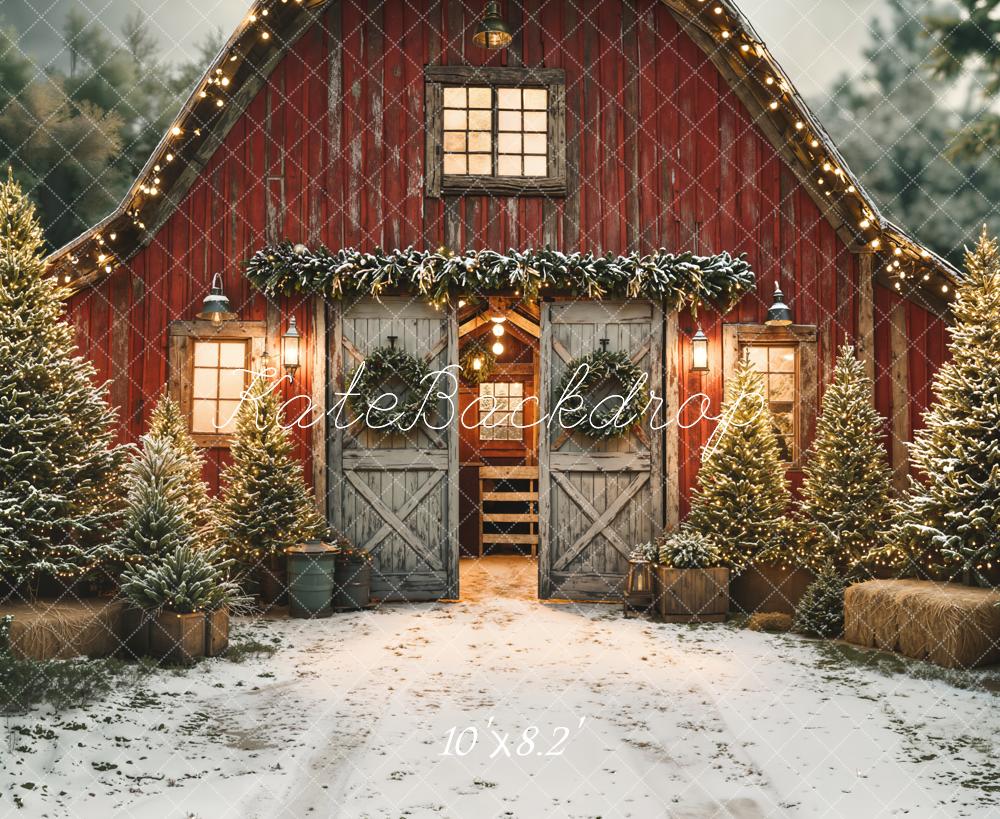 Kate Christmas Red Barn Snowy Pine Trees Backdrop Designed by Emetselch - Image 8