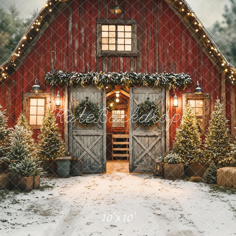 Kate Christmas Red Barn Snowy Pine Trees Backdrop Designed by Emetselch - Image 9