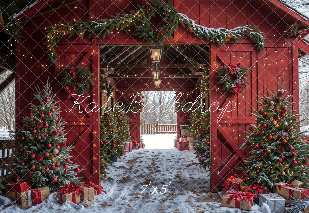 Kate Christmas Red Barn Winter Backdrop Designed by Emetselch - Image 2
