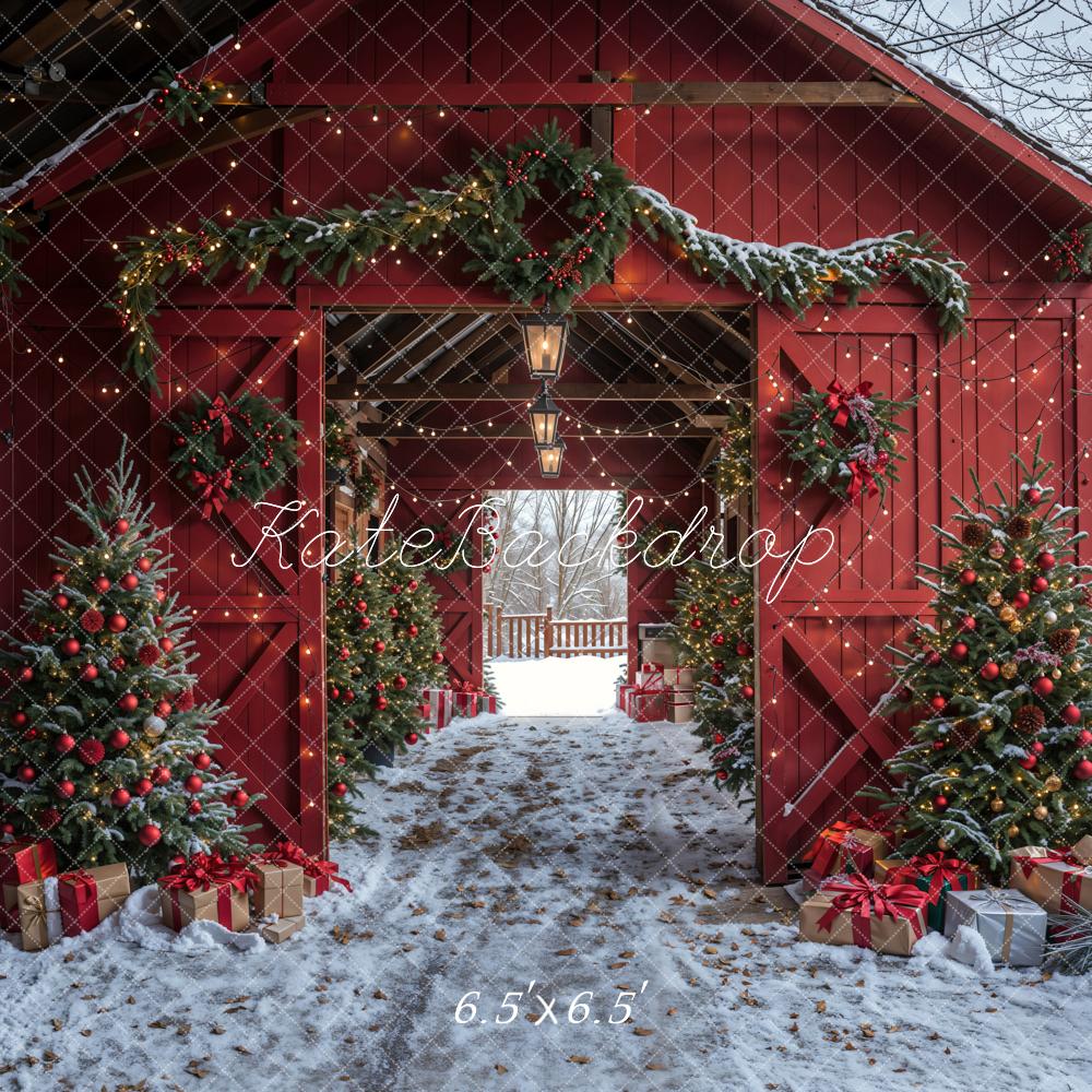 Kate Christmas Red Barn Winter Backdrop Designed by Emetselch - Image 3