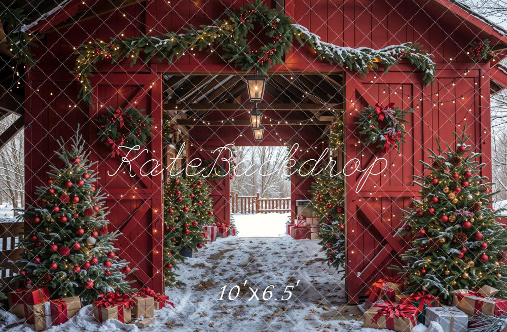 Kate Christmas Red Barn Winter Backdrop Designed by Emetselch - Image 5