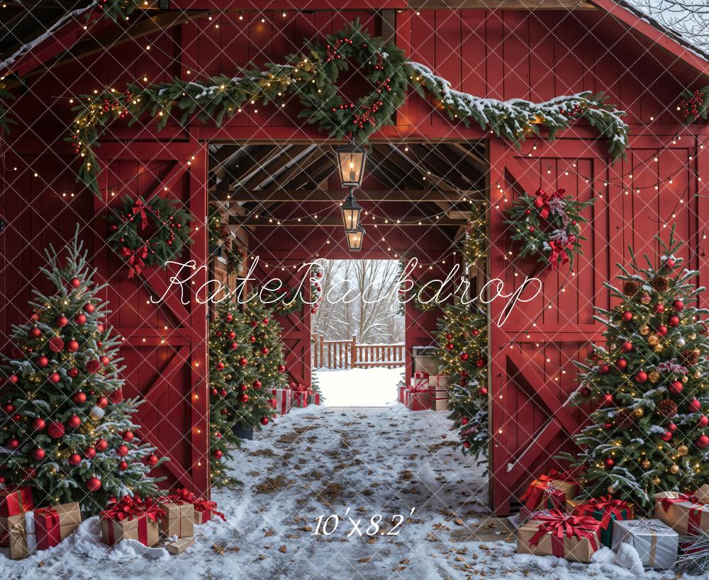 Kate Christmas Red Barn Winter Backdrop Designed by Emetselch - Image 6