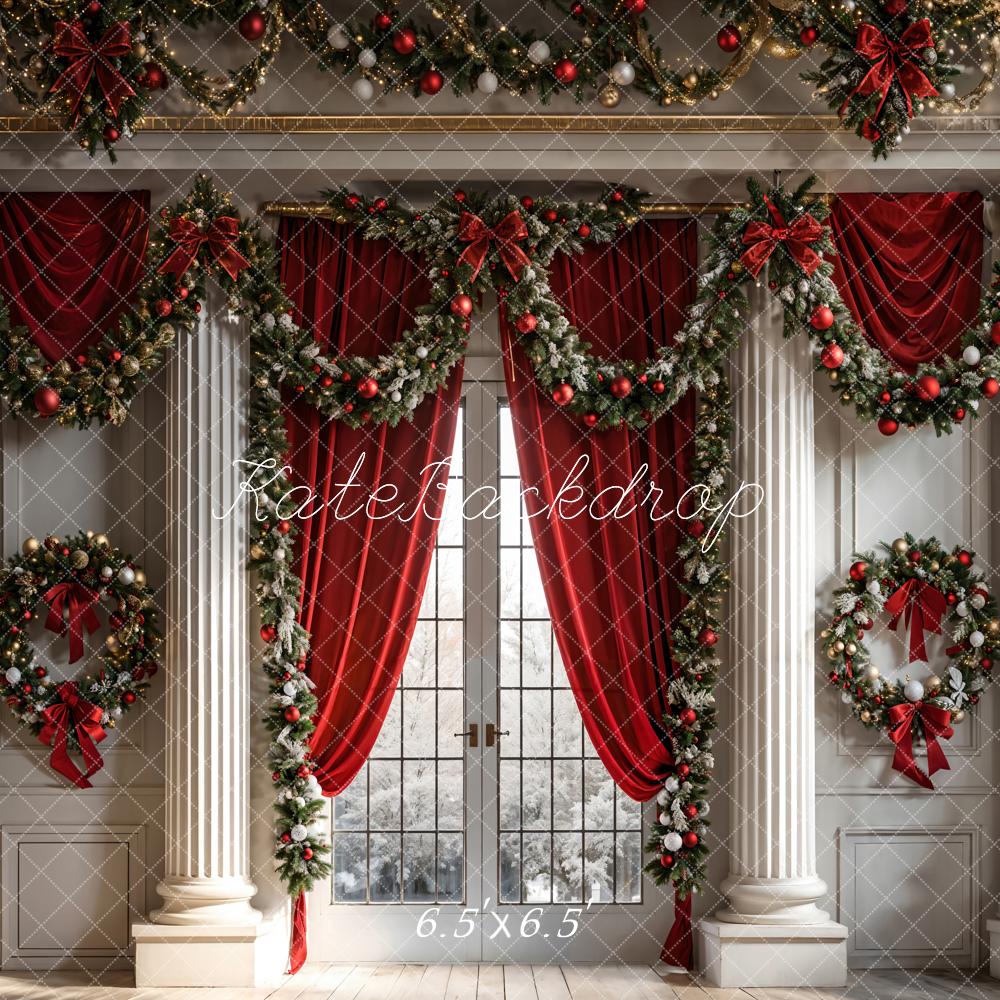 Kate Christmas Red Curtain Window White Wall Backdrop Designed by Chain Photography - Image 2