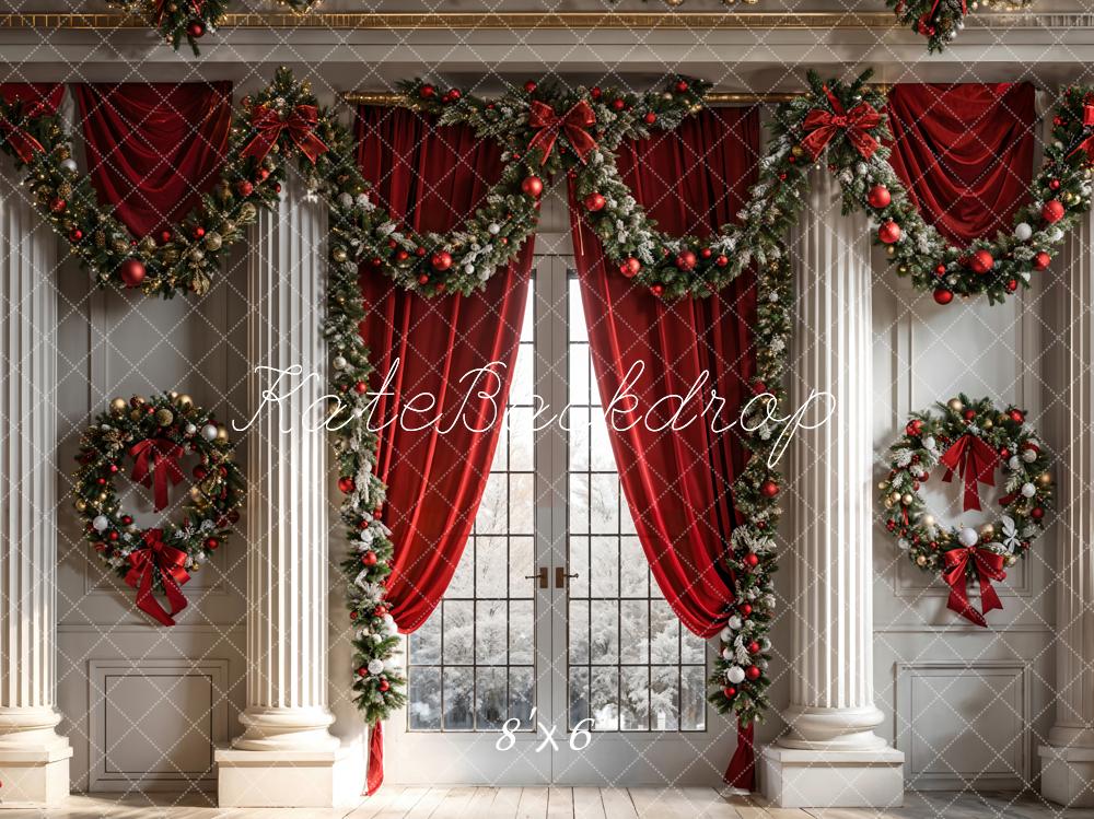 Kate Christmas Red Curtain Window White Wall Backdrop Designed by Chain Photography - Image 3