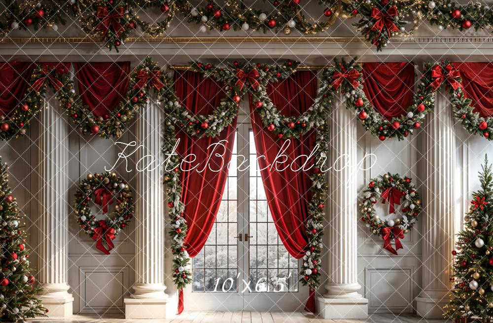 Kate Christmas Red Curtain Window White Wall Backdrop Designed by Chain Photography - Image 4
