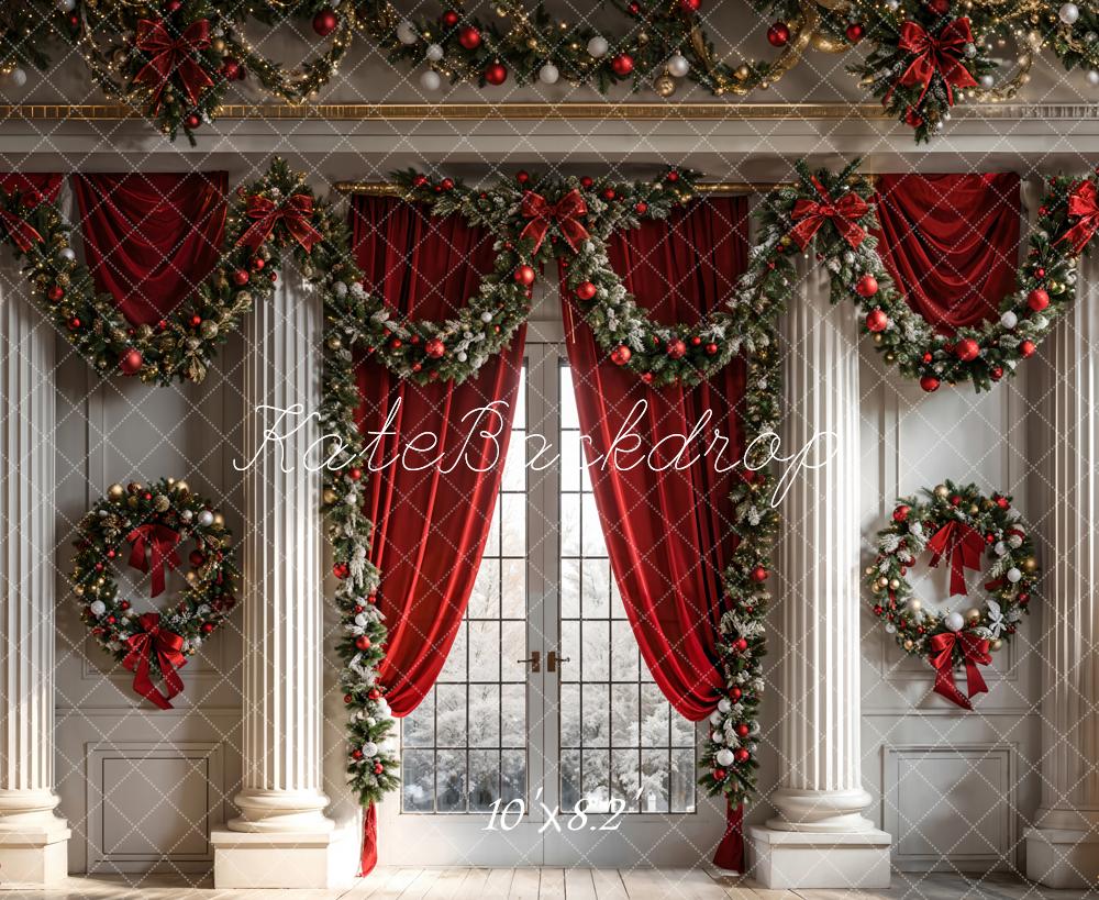 Kate Christmas Red Curtain Window White Wall Backdrop Designed by Chain Photography - Image 5