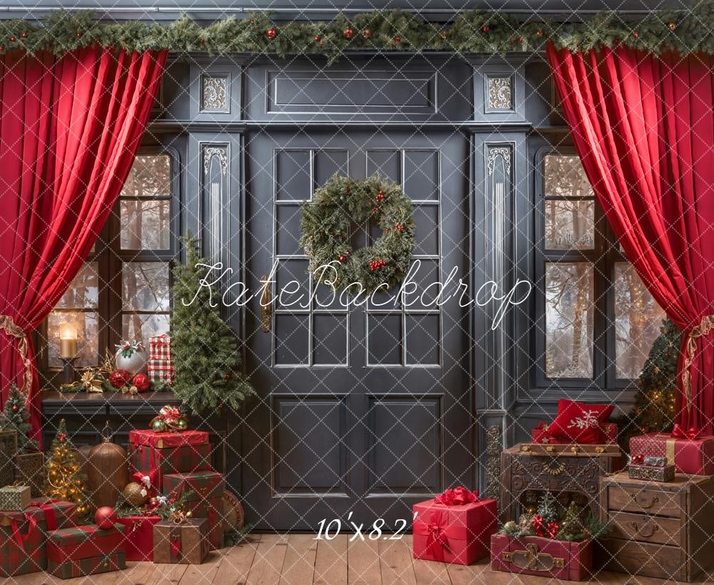 Kate Christmas Red Curtains Gifts Garland Fleece Backdrop Designed by Emetselch - Image 3