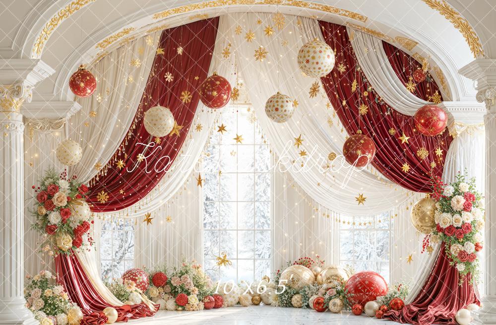 Kate Christmas Red Curtains Gold Ornaments Fleece Backdrop Designed by Emetselch - Image 2