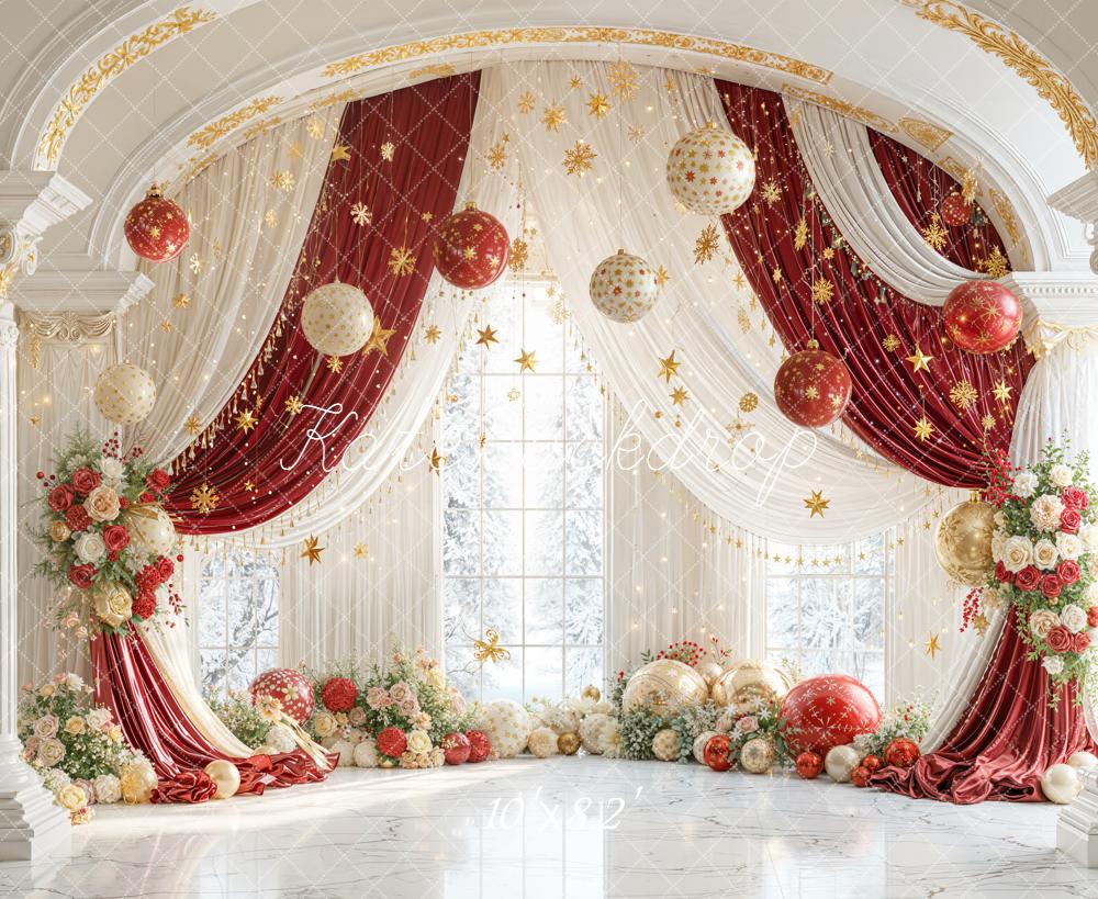 Kate Christmas Red Curtains Gold Ornaments Fleece Backdrop Designed by Emetselch - Image 3