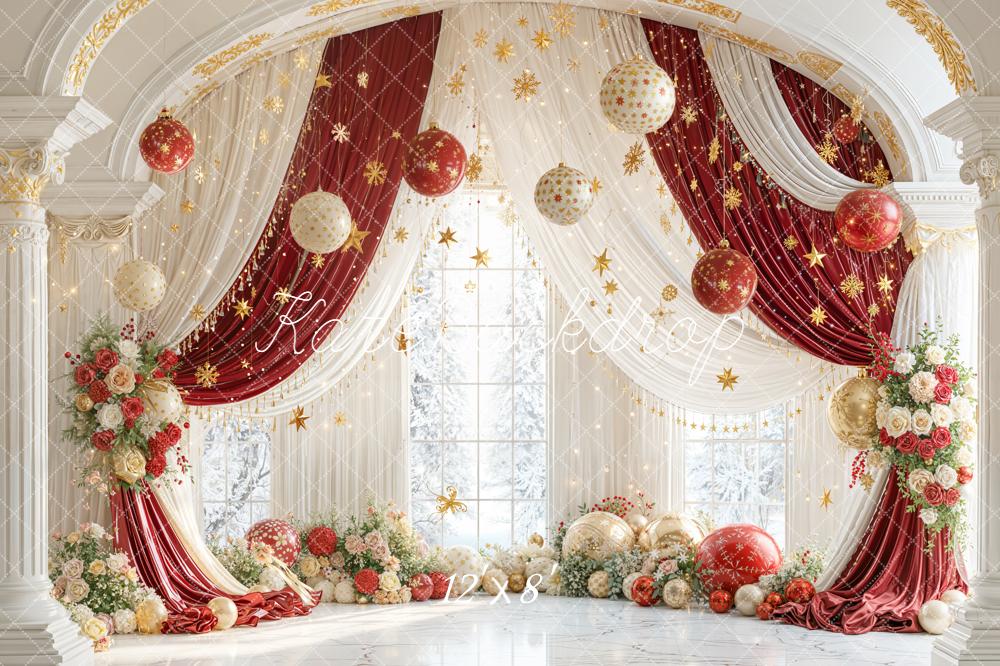 Kate Christmas Red Curtains Gold Ornaments Fleece Backdrop Designed by Emetselch - Image 4