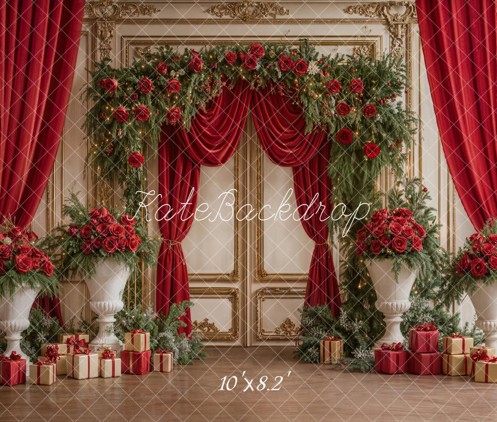 Kate Christmas Red Curtains Presents Fleece Backdrop Designed by Emetselch - Image 3
