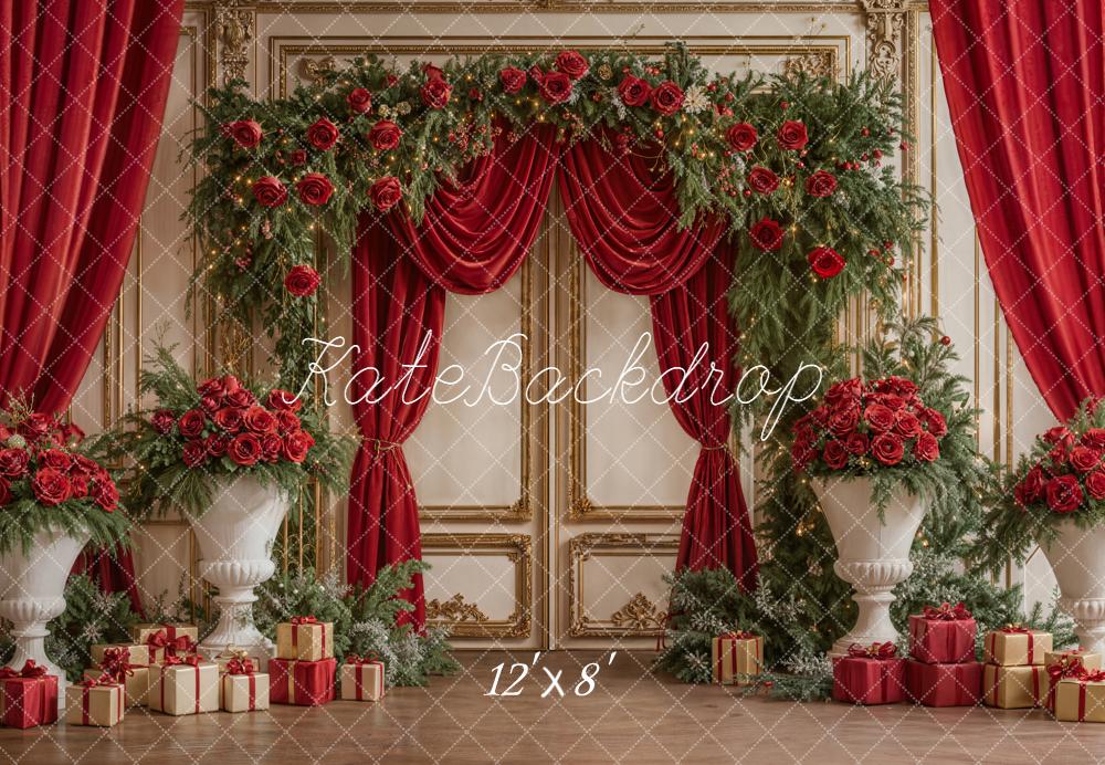 Kate Christmas Red Curtains Presents Fleece Backdrop Designed by Emetselch - Image 4
