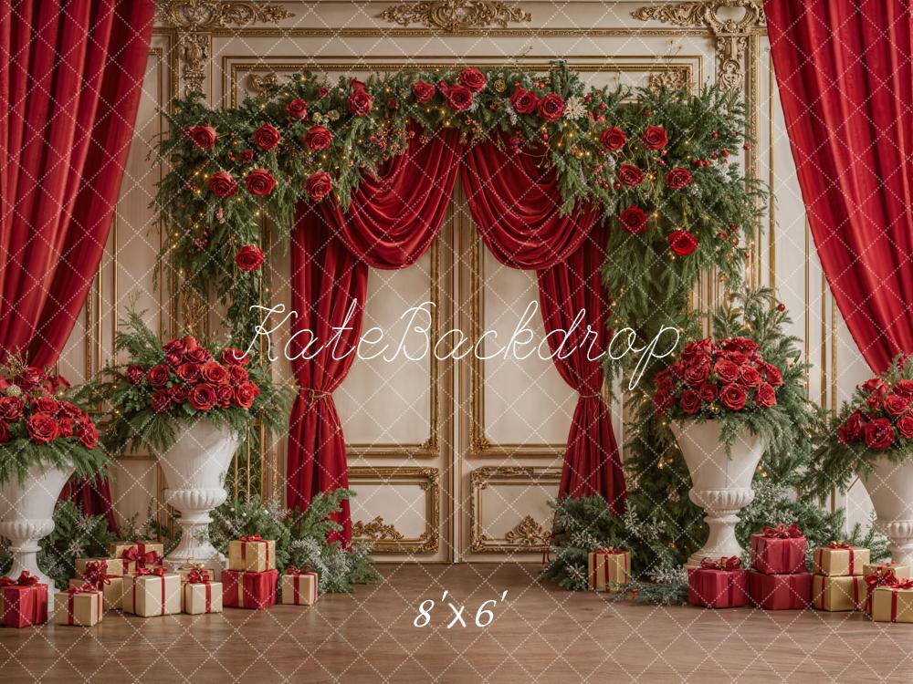 Kate Christmas Red Curtains Roses Gifts Backdrop Designed by Emetselch - Image 3