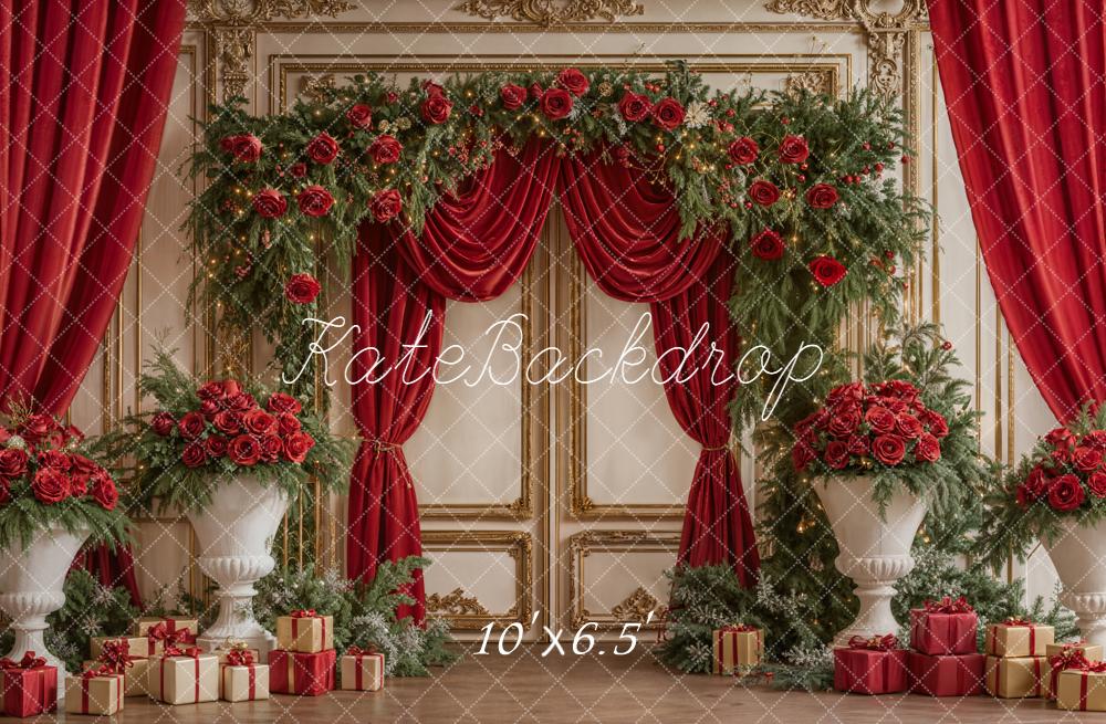 Kate Christmas Red Curtains Roses Gifts Backdrop Designed by Emetselch - Image 4