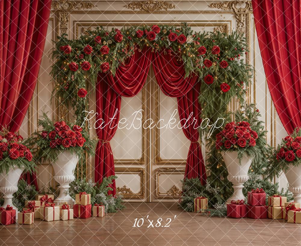 Kate Christmas Red Curtains Roses Gifts Backdrop Designed by Emetselch - Image 6