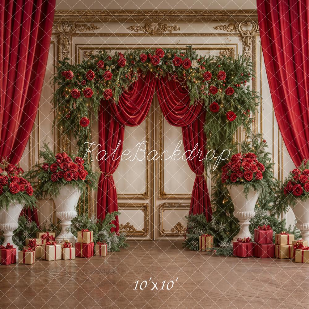Kate Christmas Red Curtains Roses Gifts Backdrop Designed by Emetselch - Image 7