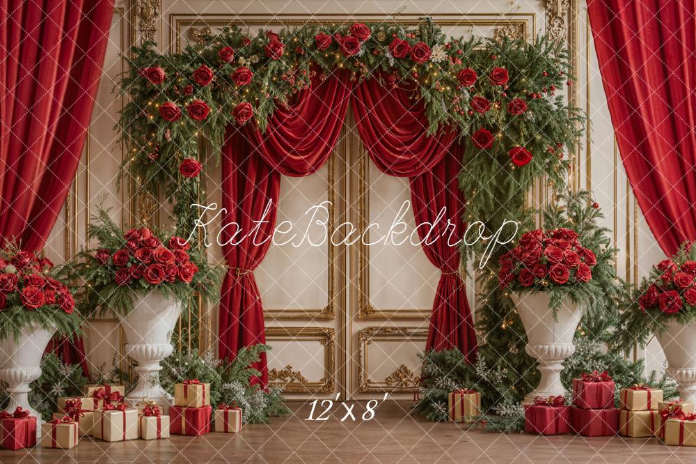 Kate Christmas Red Curtains Roses Gifts Backdrop Designed by Emetselch - Image 8