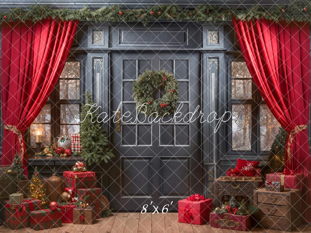 Kate Christmas Red Curtains Wreath Gifts Backdrop Designed by Emetselch - Image 3
