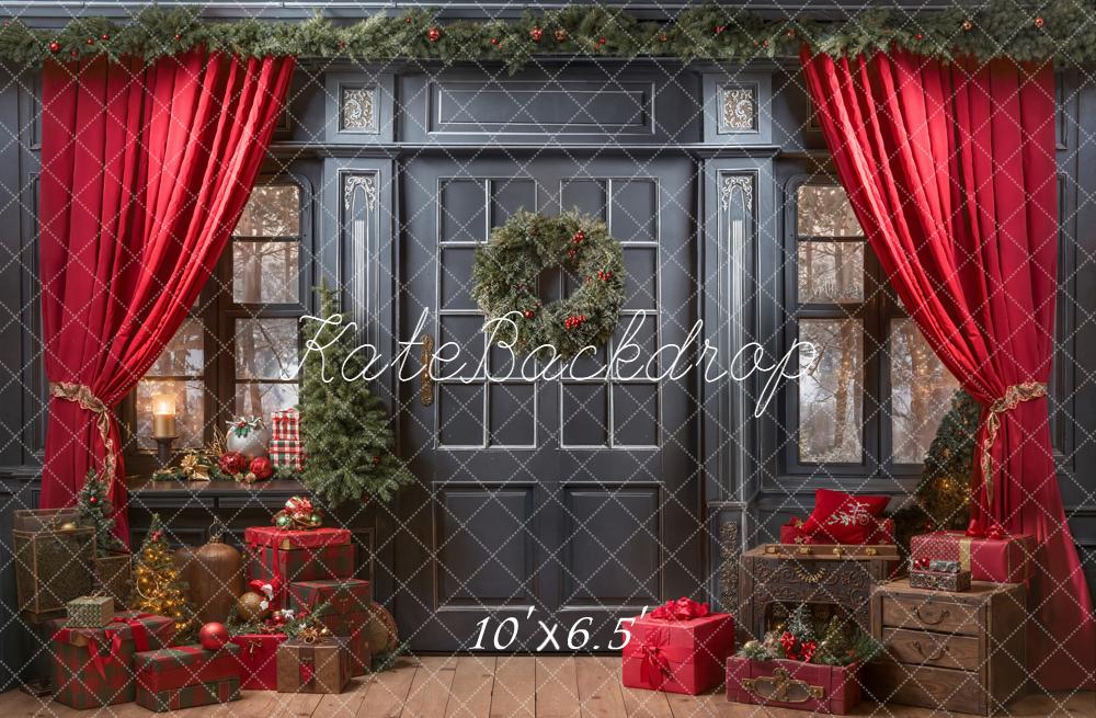 Kate Christmas Red Curtains Wreath Gifts Backdrop Designed by Emetselch - Image 4