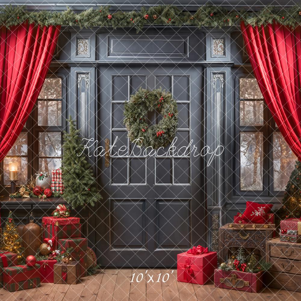 Kate Christmas Red Curtains Wreath Gifts Backdrop Designed by Emetselch - Image 7