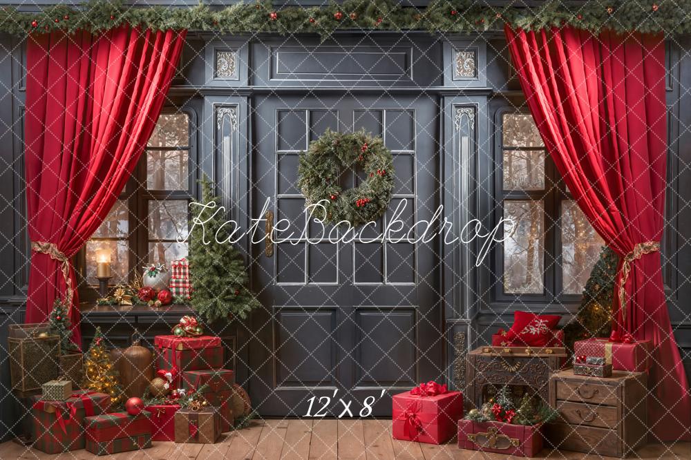 Kate Christmas Red Curtains Wreath Gifts Backdrop Designed by Emetselch - Image 8