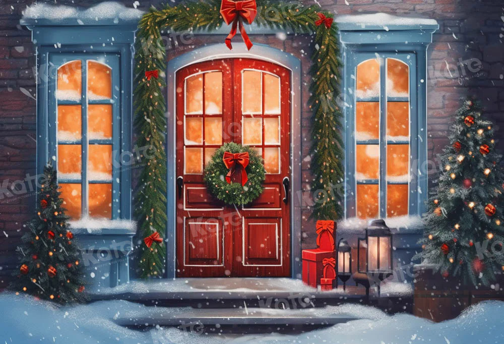 Kate Christmas Red door Snowy Night Backdrop Designed by Chain Photography - Image 2