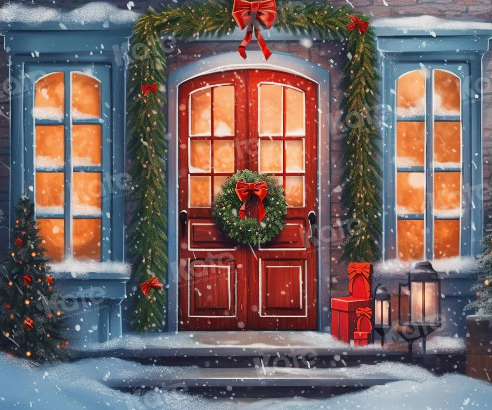 Kate Christmas Red door Snowy Night Backdrop Designed by Chain Photography - Image 4