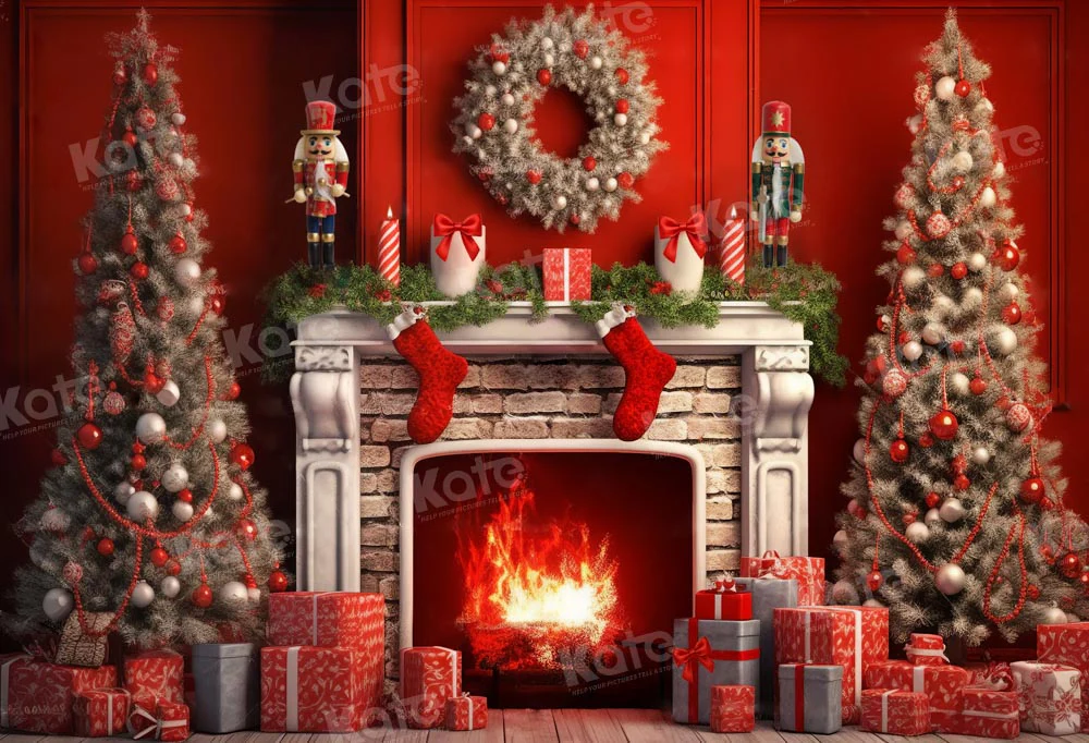 Kate Christmas Red Fireplace Tree Backdrop Designed by Chain Photography - Image 2