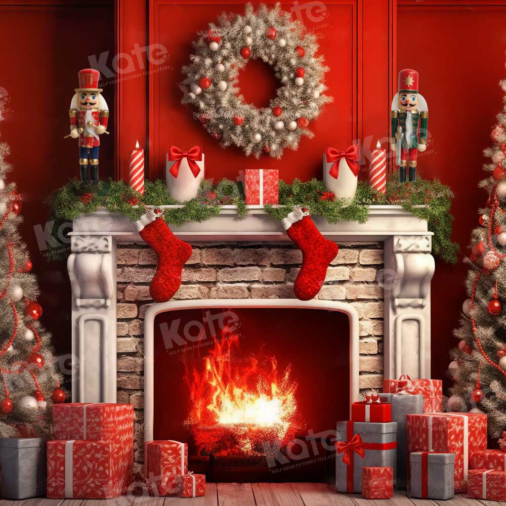 Kate Christmas Red Fireplace Tree Backdrop Designed by Chain Photography - Image 4